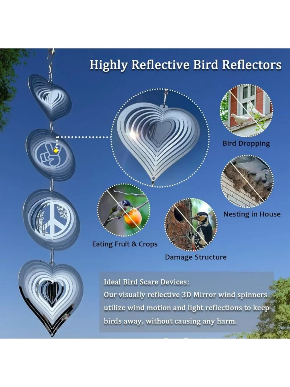 12Pcs Reflective Bird Scare Discs Set - 3D Stainless Steel Wind Spinners for